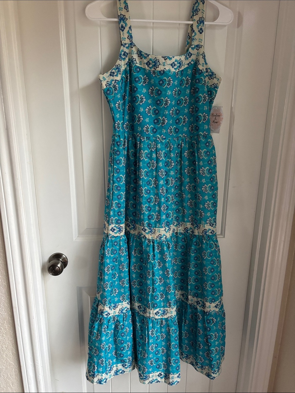 Turquoise Floral Midi Dress with Tiered Skirt